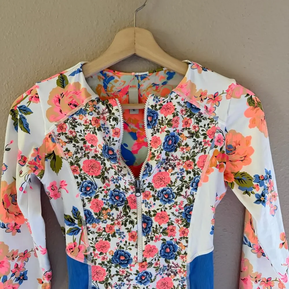 Maaji Floral Long-Sleeve One-Piece Swimsuit in Peach, Blue & White